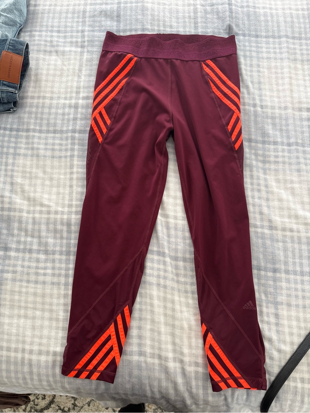 adidas Burgundy Leggings with Neon Orange Stripe Accents